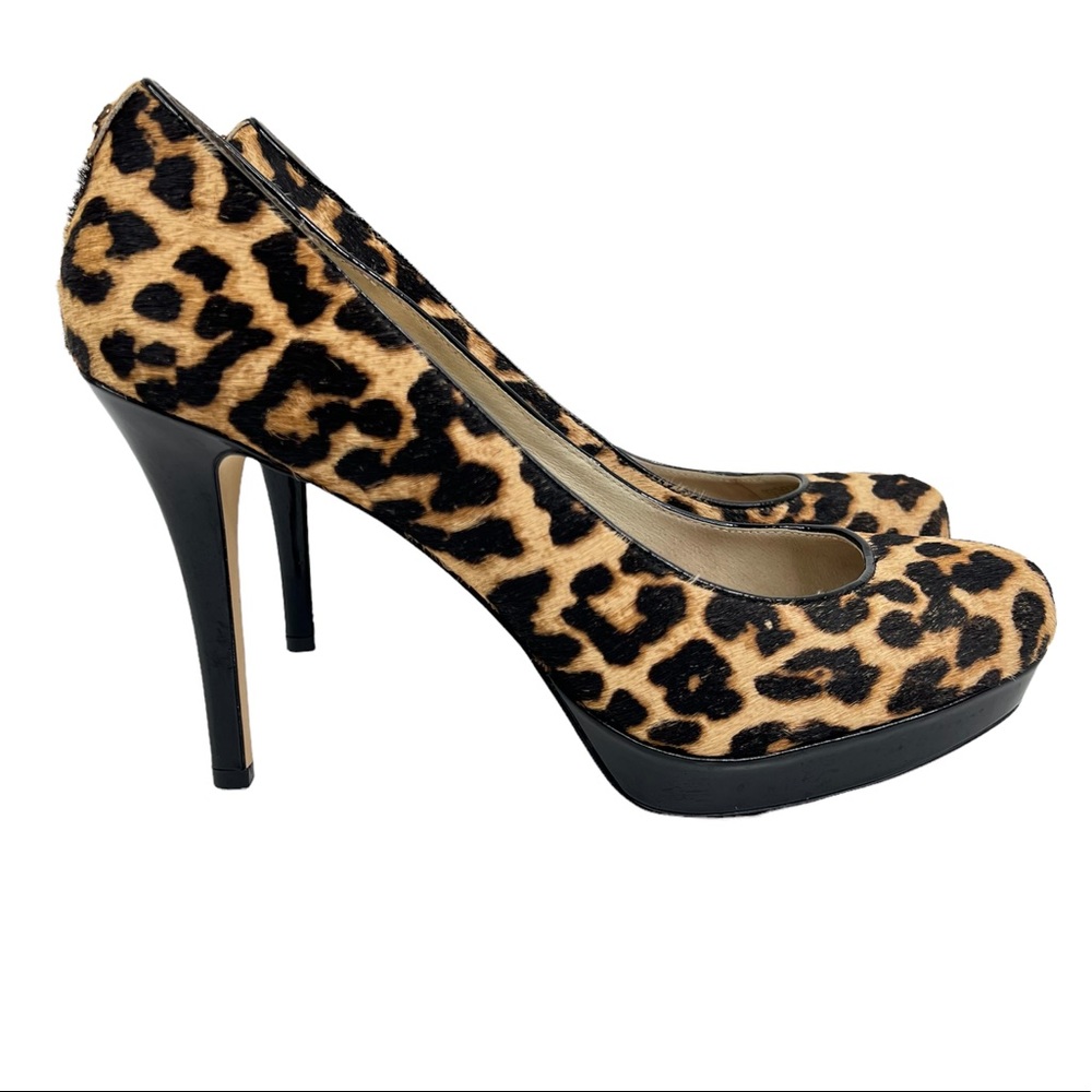 Michael Michael Kors tan black calf hair leopard print platform stiletto heels